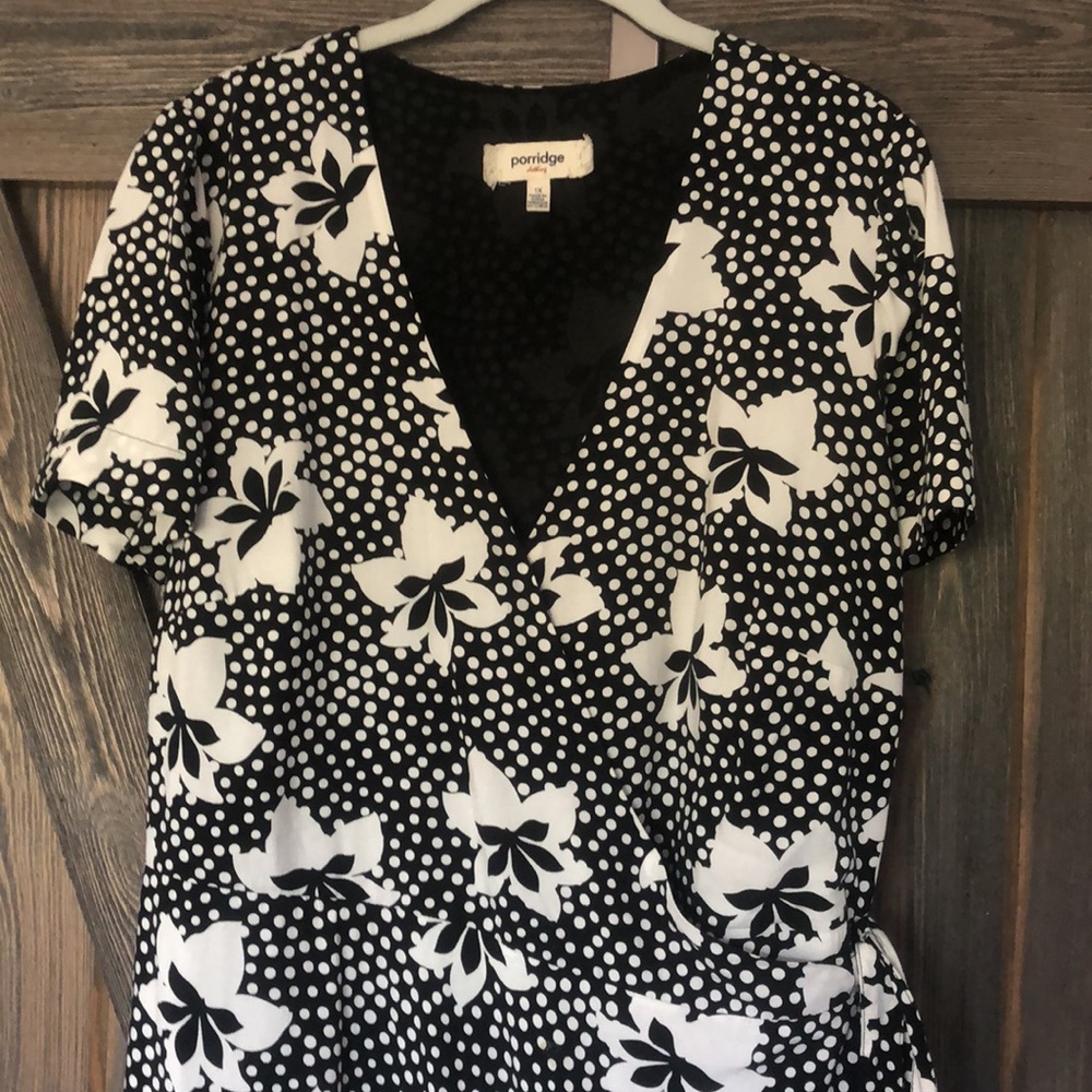 Anthropologie Black and White Floral Wrap Dress - Picture 2 of 6